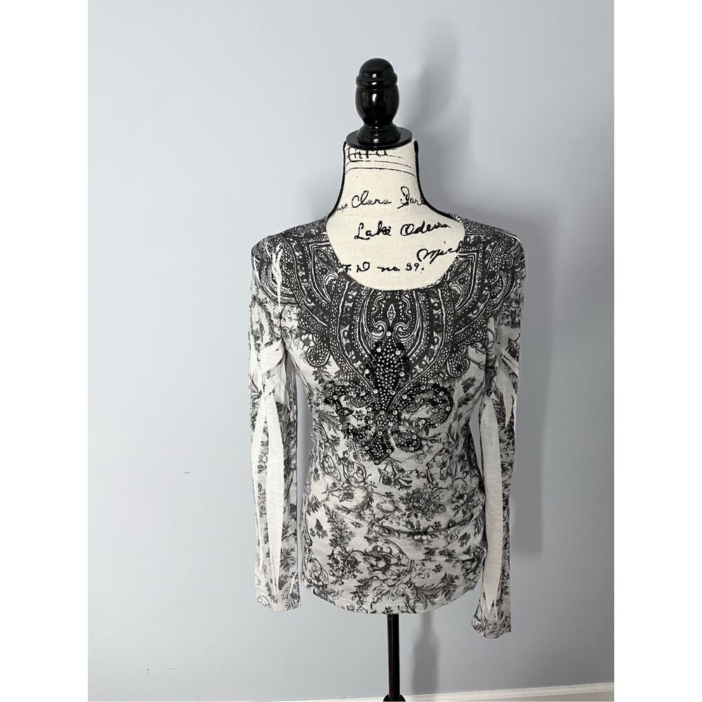 Y2K Daytrip Women’s Fleur de Le Rhinestone Long Sleeve Bling Top Black & White
